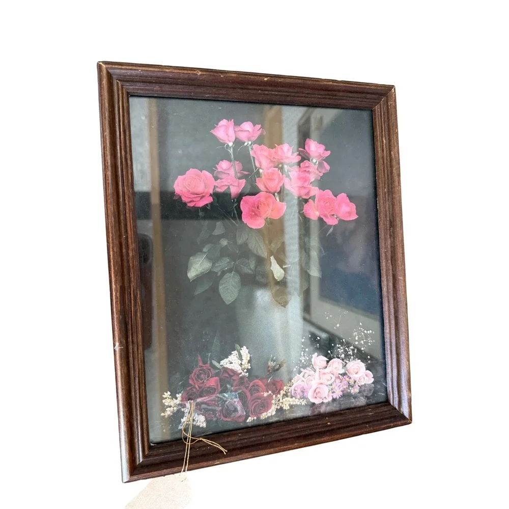 Vintage Framed Pink Rose Floral Still Life Dark Wood Frame 8x10 Cottagecore